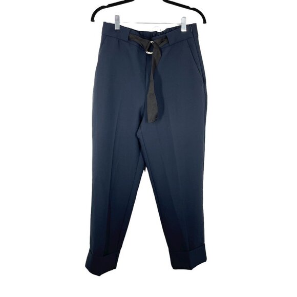 zara navy blue belted pants size M cuffed hems tapered leg elastic waist pockets - Picture 2 of 8